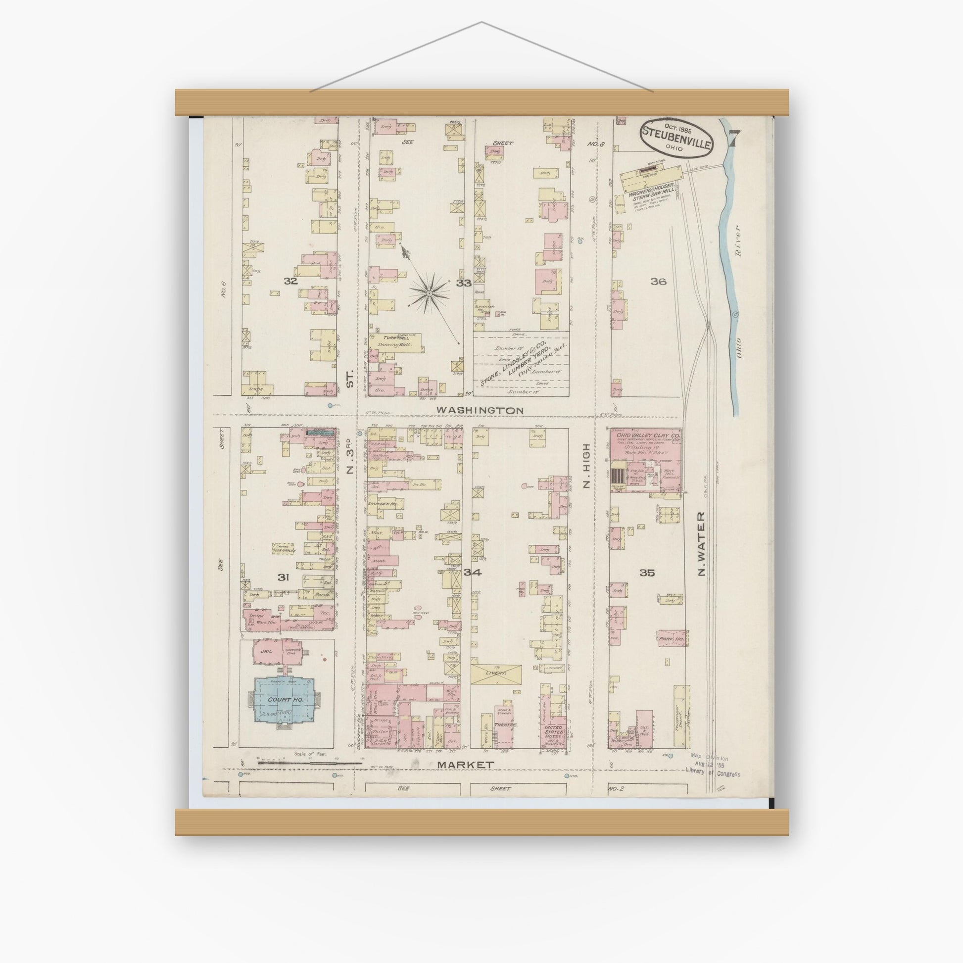 Old map wall art mockup — magnetic wood frame on white wall — Sanborn Fire Insurance Map from Steubenville, Jefferson County, Ohio (1885), Sheet #0007