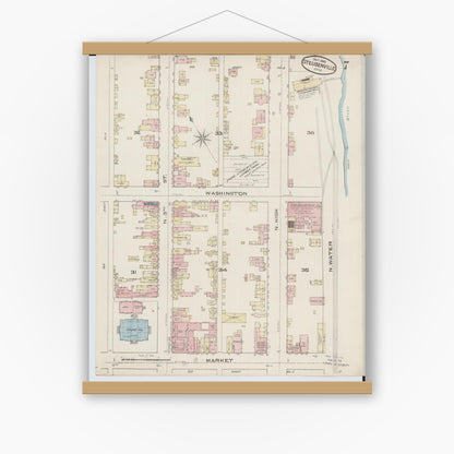 Old map wall art mockup — magnetic wood frame on white wall — Sanborn Fire Insurance Map from Steubenville, Jefferson County, Ohio (1885), Sheet #0007