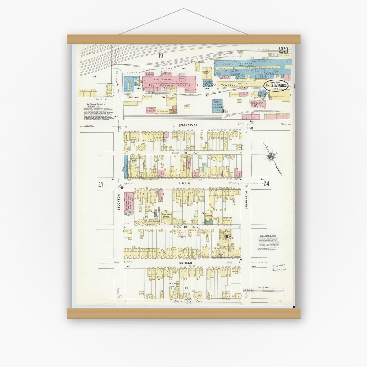 Old map wall art mockup — magnetic wood frame on white wall — Sanborn Fire Insurance Map from Phillipsburg, Warren County, New Jersey (1910), Sheet #0023