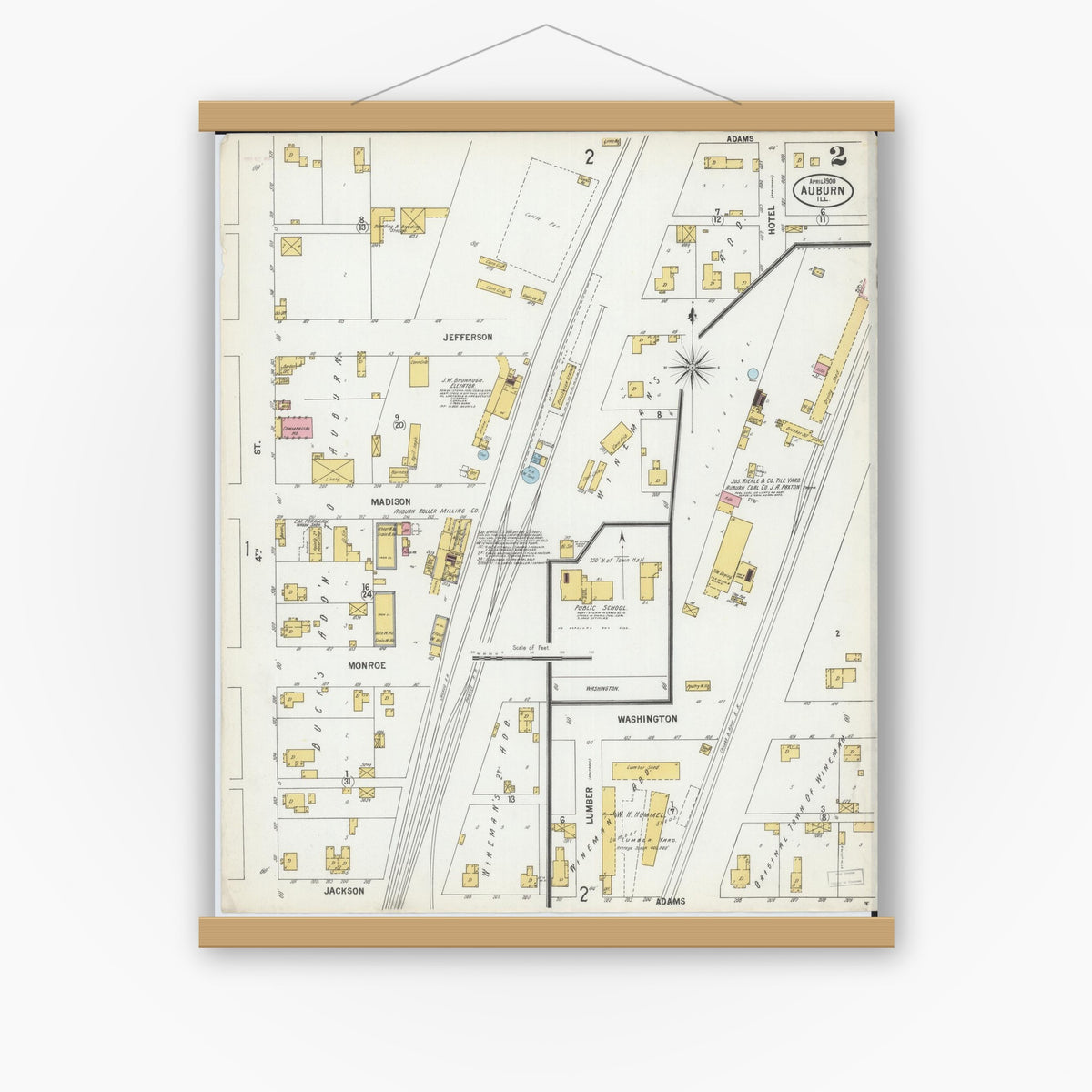 Old map wall art mockup — magnetic wood frame on white wall — Sanborn Fire Insurance Map from Auburn, Sangamon County, Illinois (1900), Sheet #0002