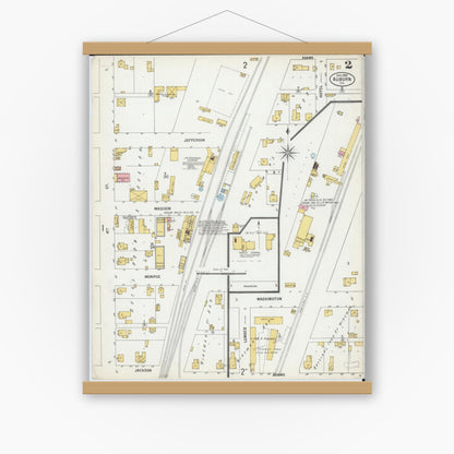 Old map wall art mockup — magnetic wood frame on white wall — Sanborn Fire Insurance Map from Auburn, Sangamon County, Illinois (1900), Sheet #0002