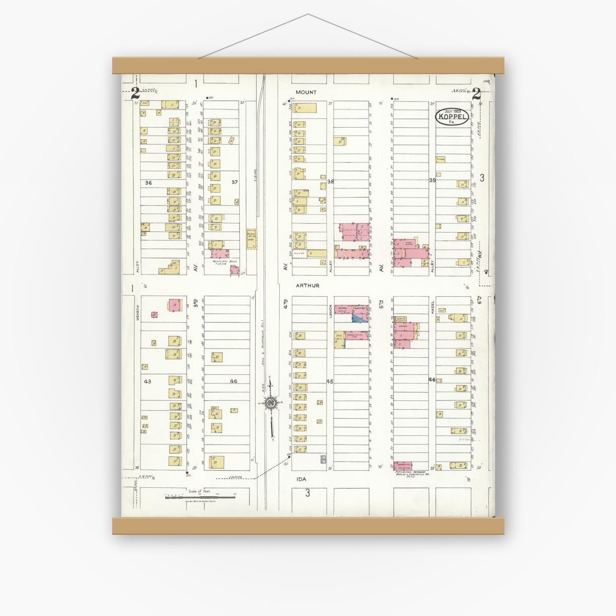 Old map wall art mockup — magnetic wood frame on white wall — Sanborn Fire Insurance Map from Koppel, Beaver County, Pennsylvania (1923), Sheet #0002