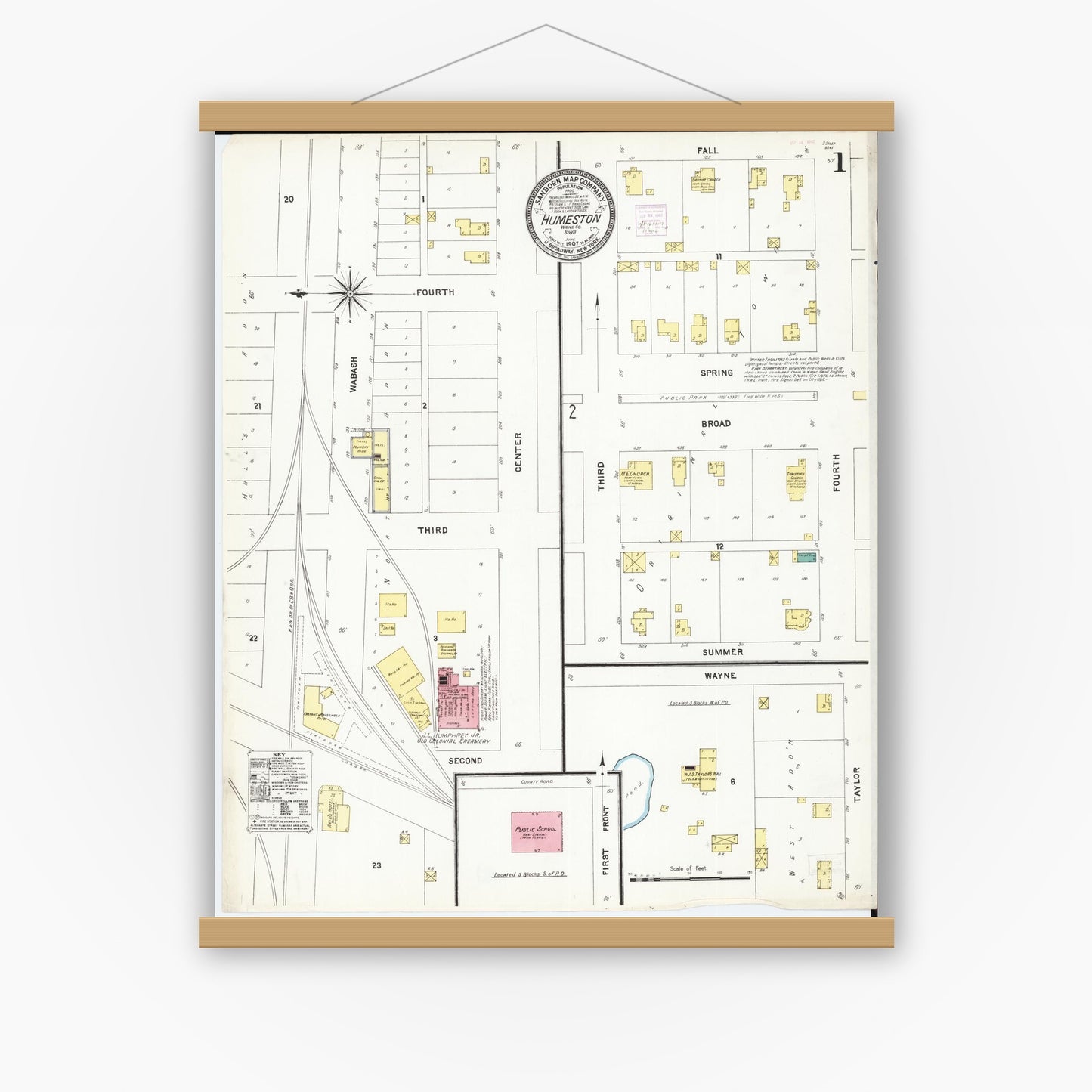 Old map wall art mockup — magnetic wood frame on white wall — Sanborn Fire Insurance Map from Humeston, Wayne County, Iowa (1907), Sheet #0001