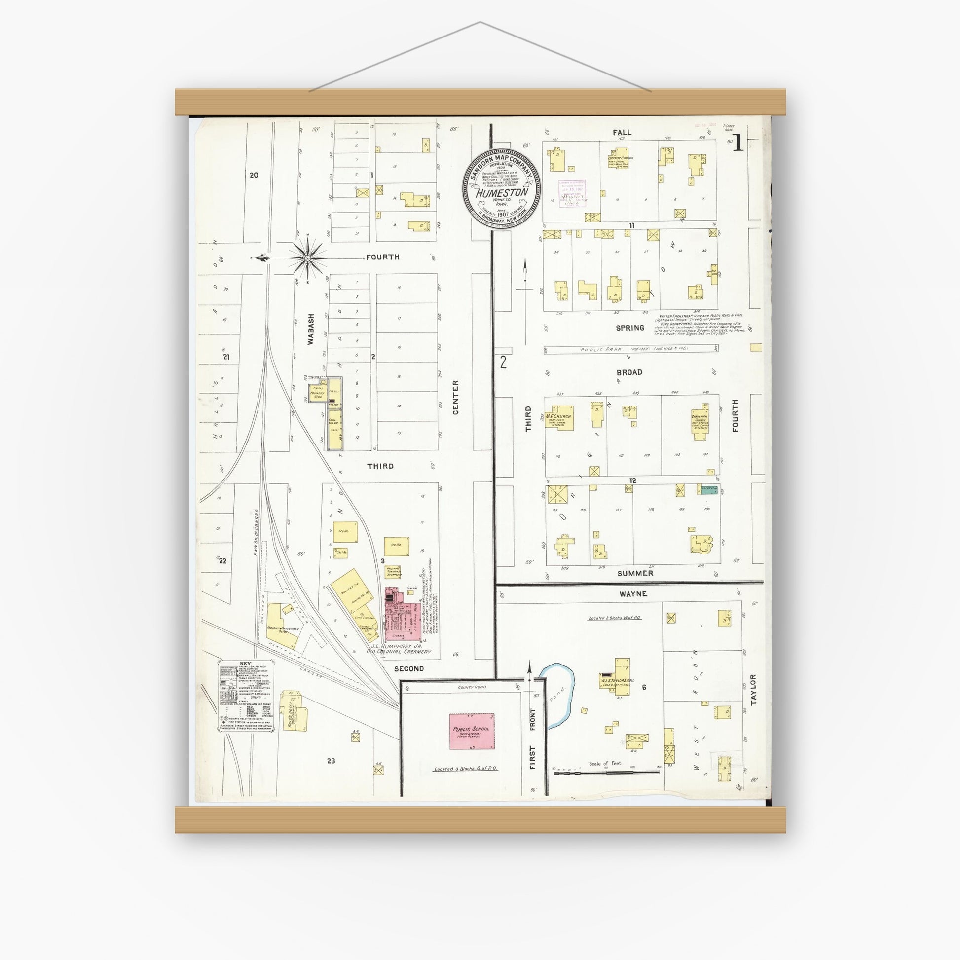 Old map wall art mockup — magnetic wood frame on white wall — Sanborn Fire Insurance Map from Humeston, Wayne County, Iowa (1907), Sheet #0001