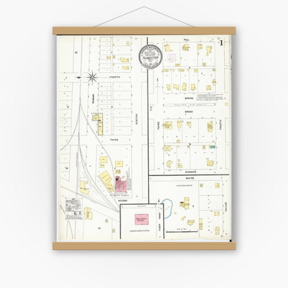 Old map wall art mockup — magnetic wood frame on white wall — Sanborn Fire Insurance Map from Humeston, Wayne County, Iowa (1907), Sheet #0001