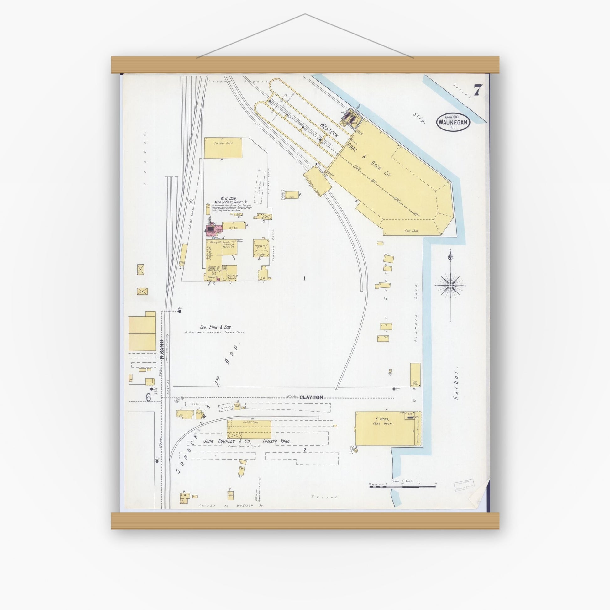 Old map wall art mockup — magnetic wood frame on white wall — Sanborn Fire Insurance Map from Waukegan, Lake County, Illinois (1900), Sheet #0007