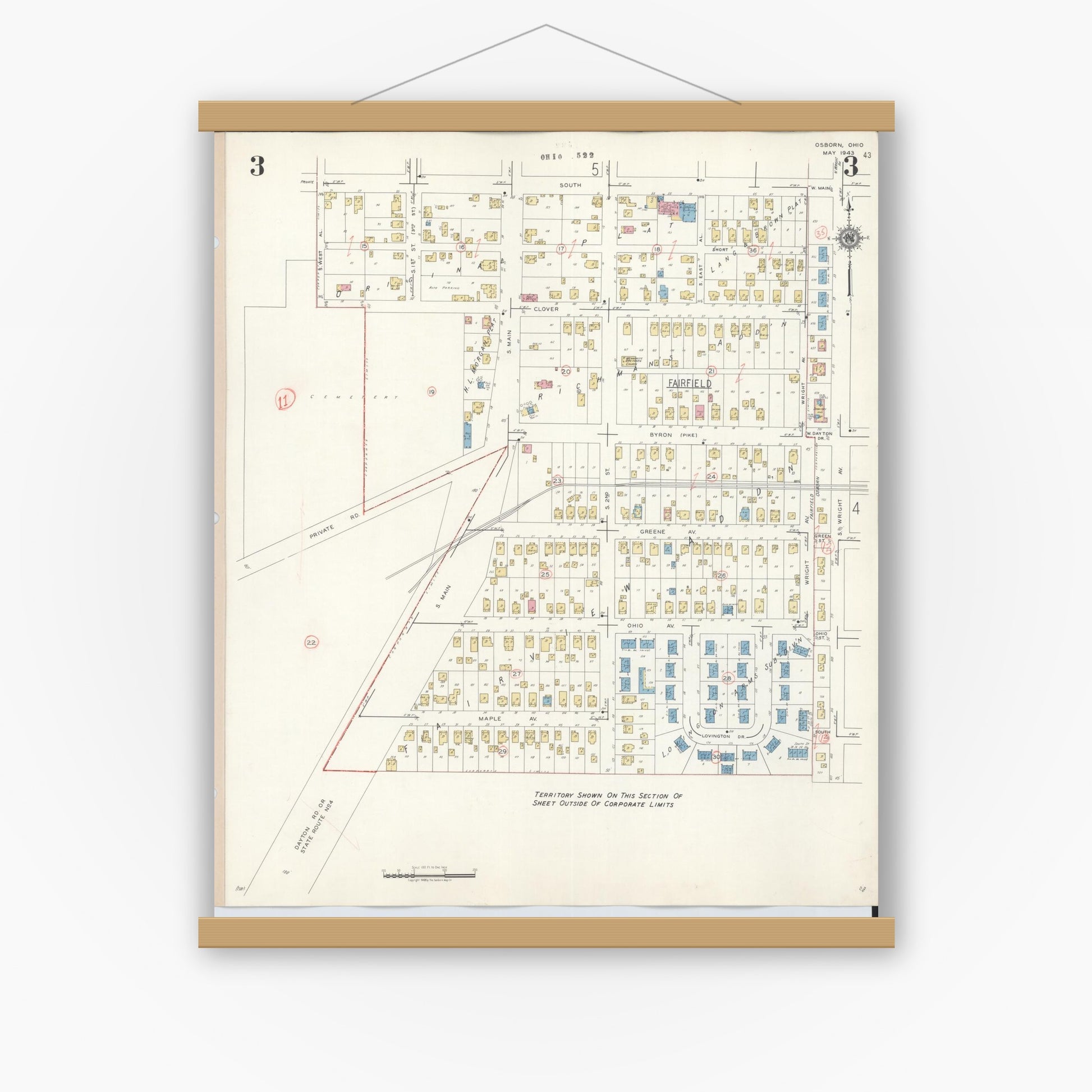 Old map wall art mockup — magnetic wood frame on white wall — Sanborn Fire Insurance Map from Osborn, Greene County, Ohio (1943), Sheet #0003
