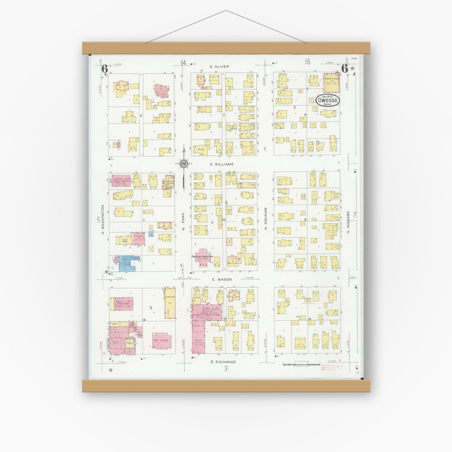 Old map wall art mockup — magnetic wood frame on white wall — Sanborn Fire Insurance Map from Owosso, Shiawassee County, Michigan (1930), Sheet #0006