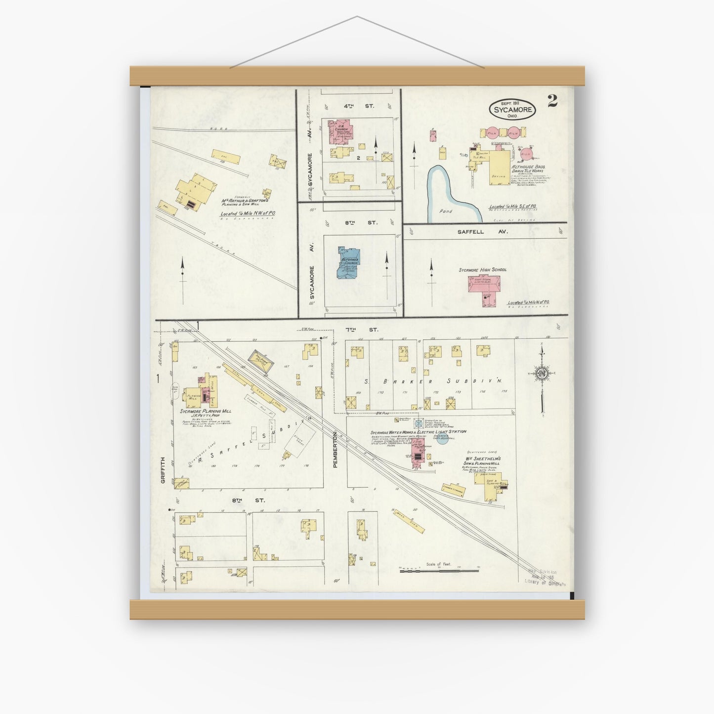 Old map wall art mockup — magnetic wood frame on white wall — Sanborn Fire Insurance Map from Sycamore, Wyandot County, Ohio (1911), Sheet #0002