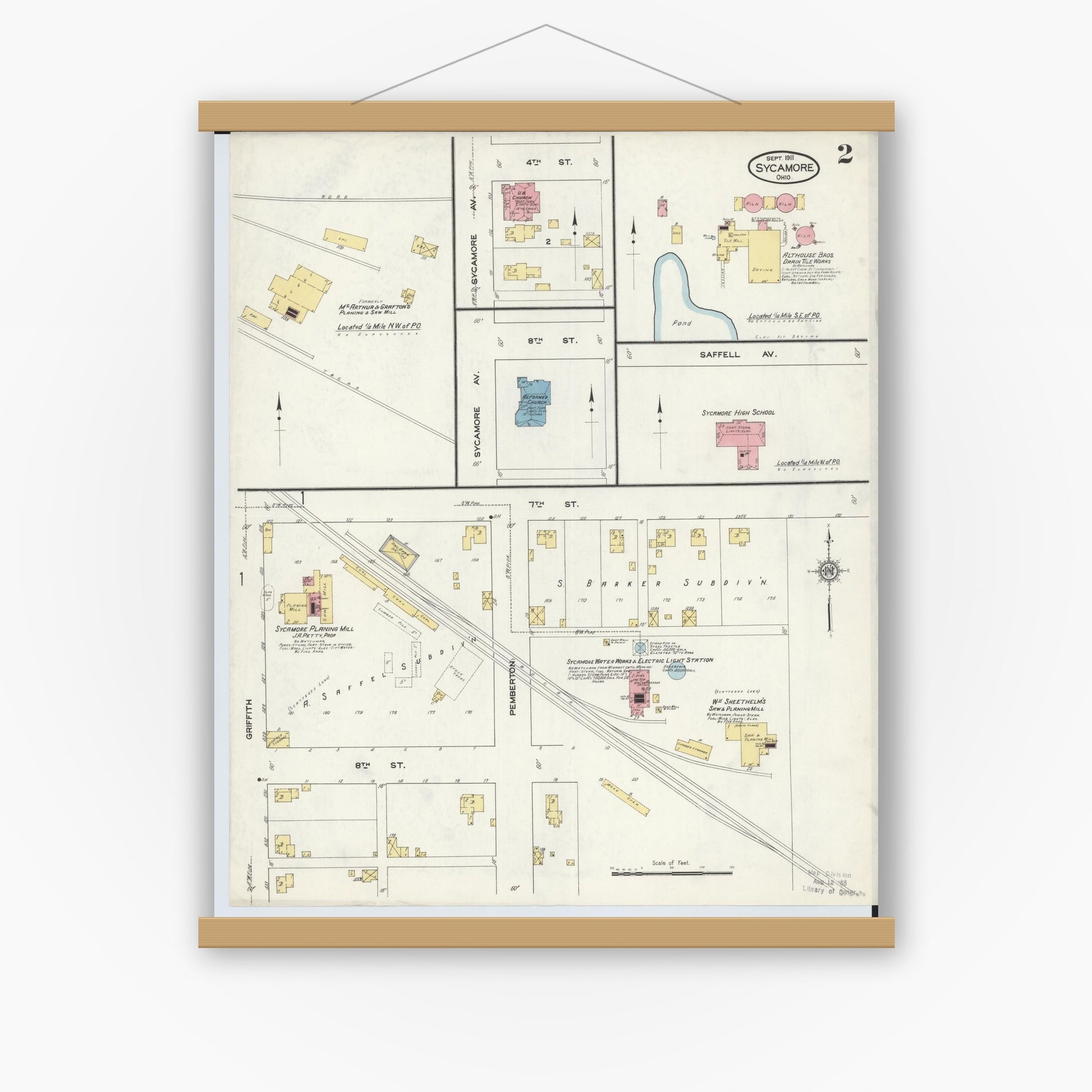 Old map wall art mockup — magnetic wood frame on white wall — Sanborn Fire Insurance Map from Sycamore, Wyandot County, Ohio (1911), Sheet #0002