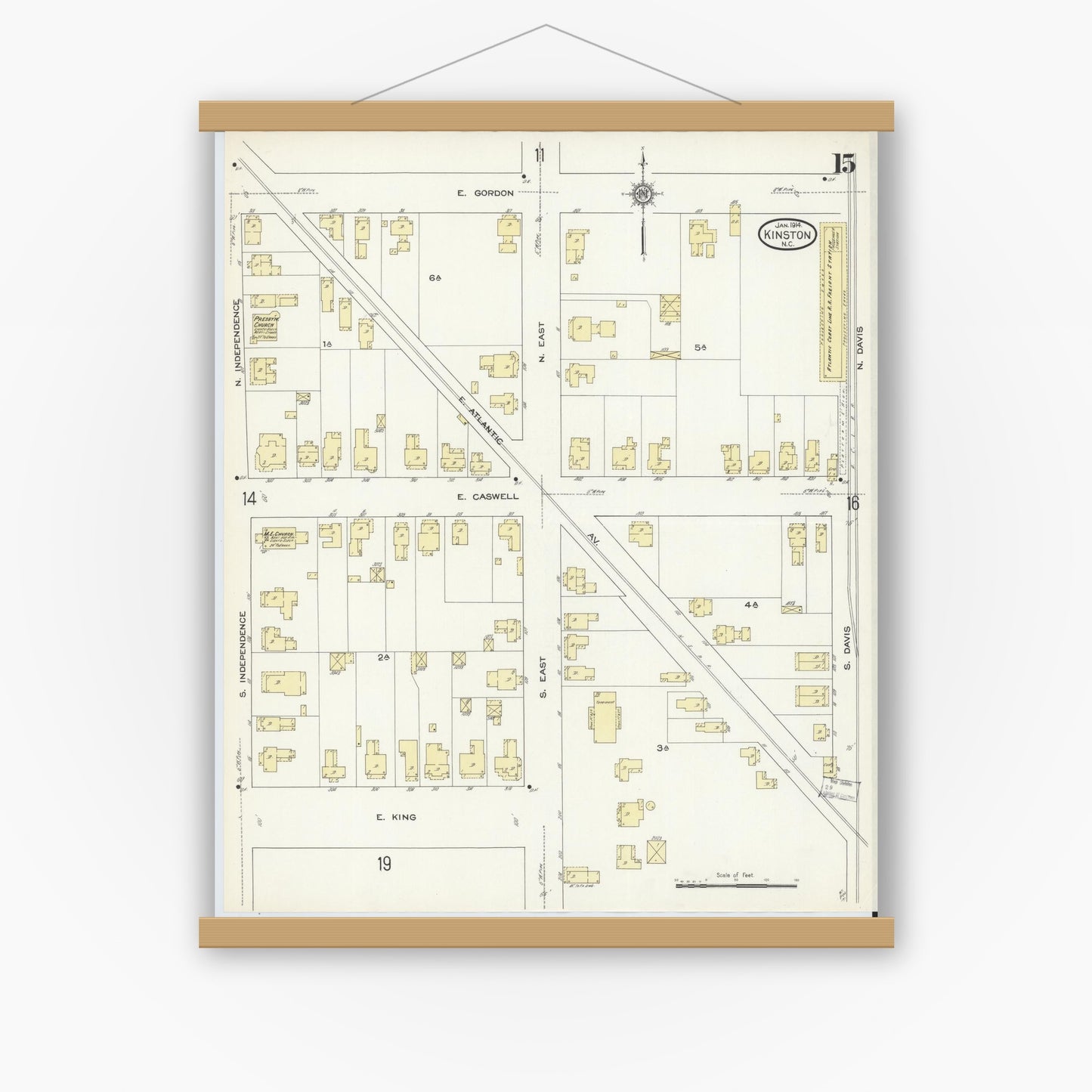Old map wall art mockup — magnetic wood frame on white wall — Sanborn Fire Insurance Map from Kinston, Lenoir County, North Carolina (1914), Sheet #0015