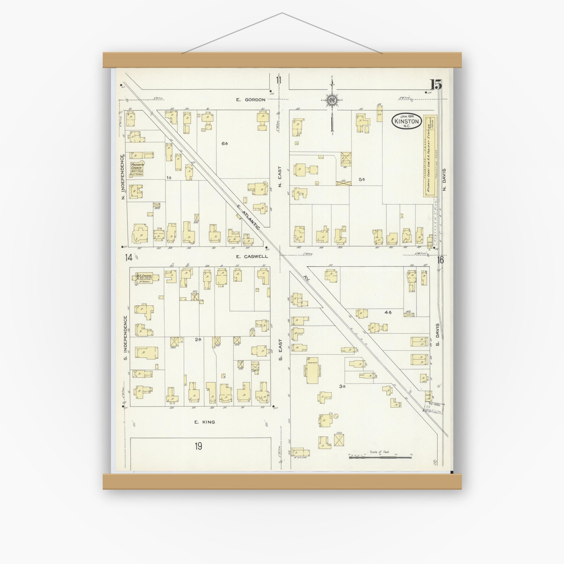 Old map wall art mockup — magnetic wood frame on white wall — Sanborn Fire Insurance Map from Kinston, Lenoir County, North Carolina (1914), Sheet #0015
