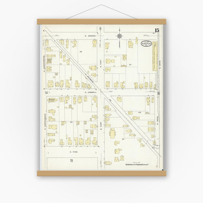 Old map wall art mockup — magnetic wood frame on white wall — Sanborn Fire Insurance Map from Kinston, Lenoir County, North Carolina (1914), Sheet #0015