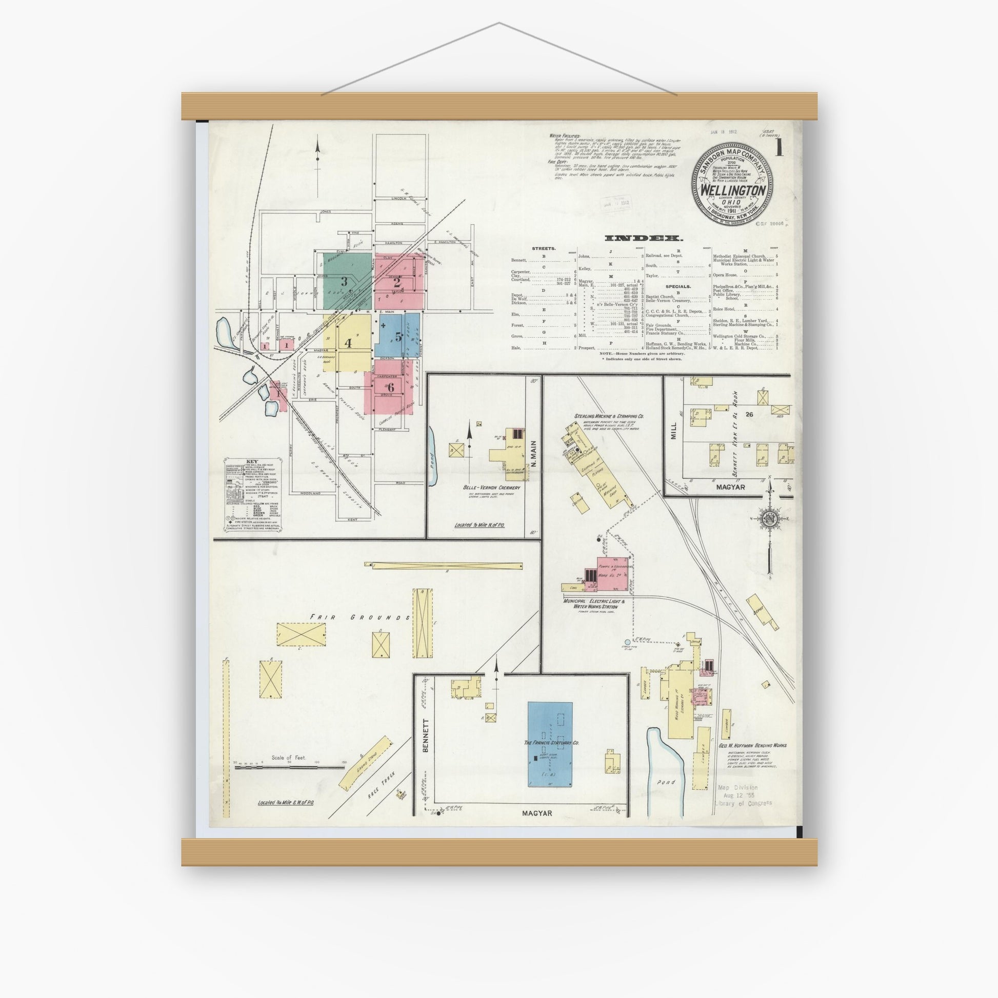 Old map wall art mockup — magnetic wood frame on white wall — Sanborn Fire Insurance Map from Wellington, Lorain County, Ohio (1911) - Complete Map Set