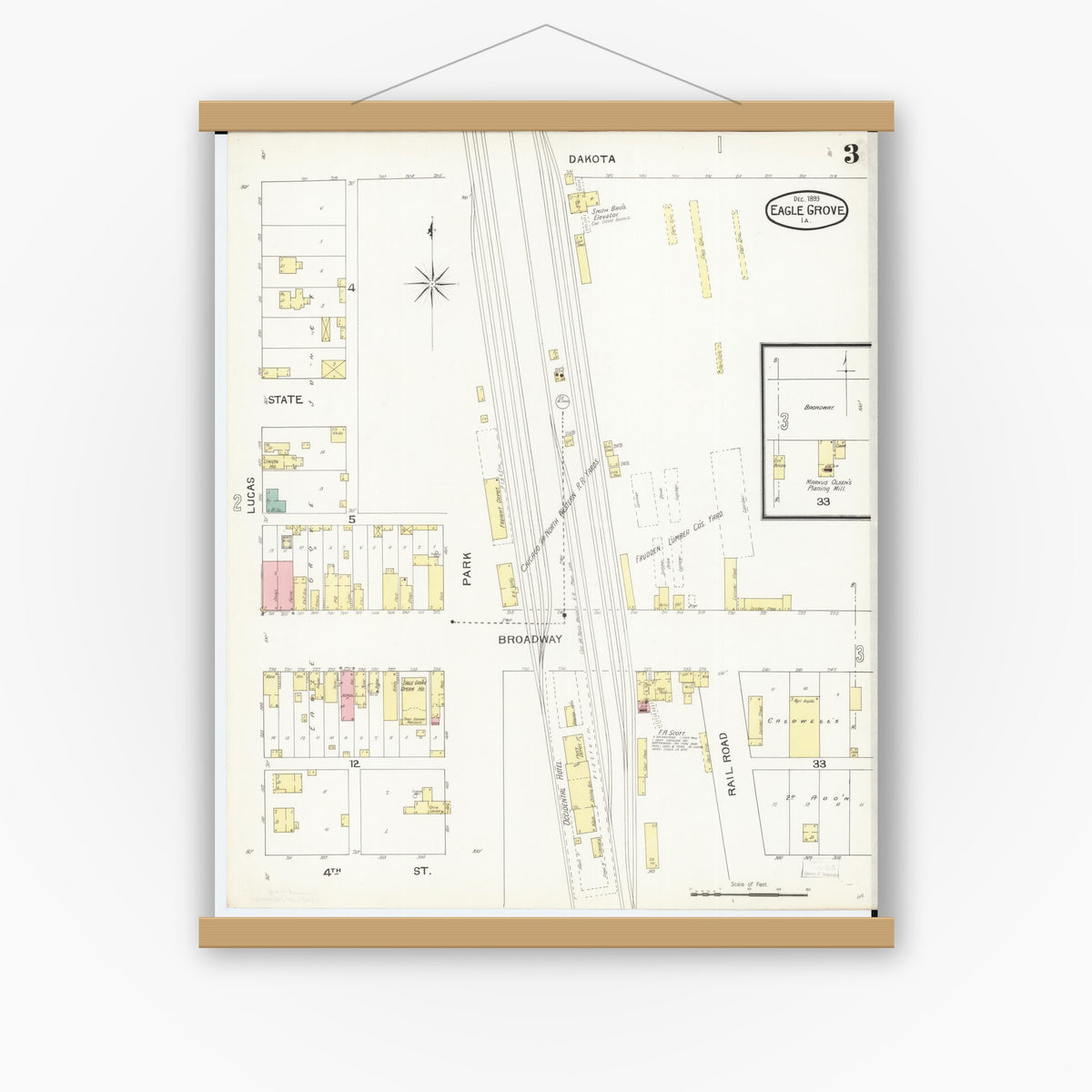 Old map wall art mockup — magnetic wood frame on white wall — Sanborn Fire Insurance Map from Eagle Grove, Wright County, Iowa (1893), Sheet #0003