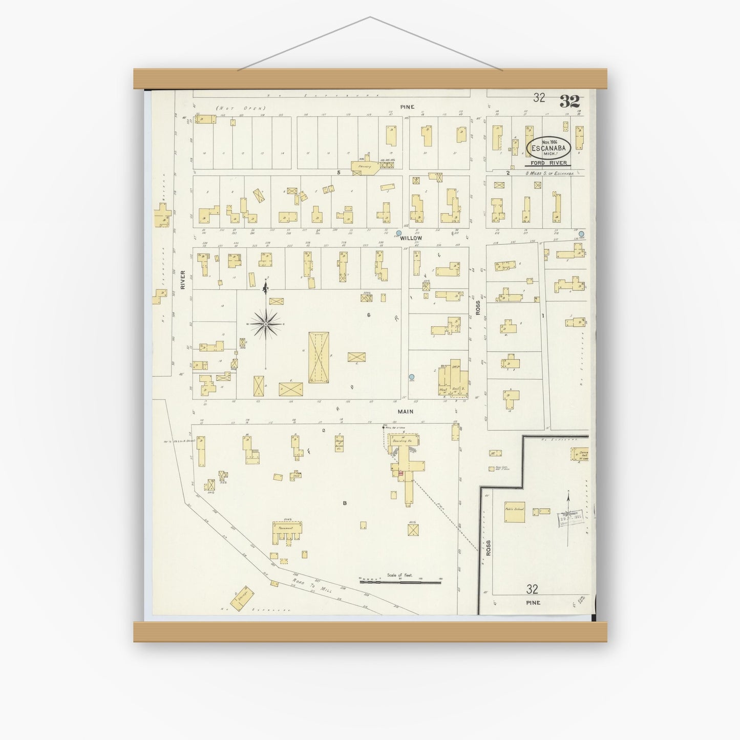 Old map wall art mockup — magnetic wood frame on white wall — Sanborn Fire Insurance Map from Escanaba, Delta County, Michigan (1906), Sheet #0032