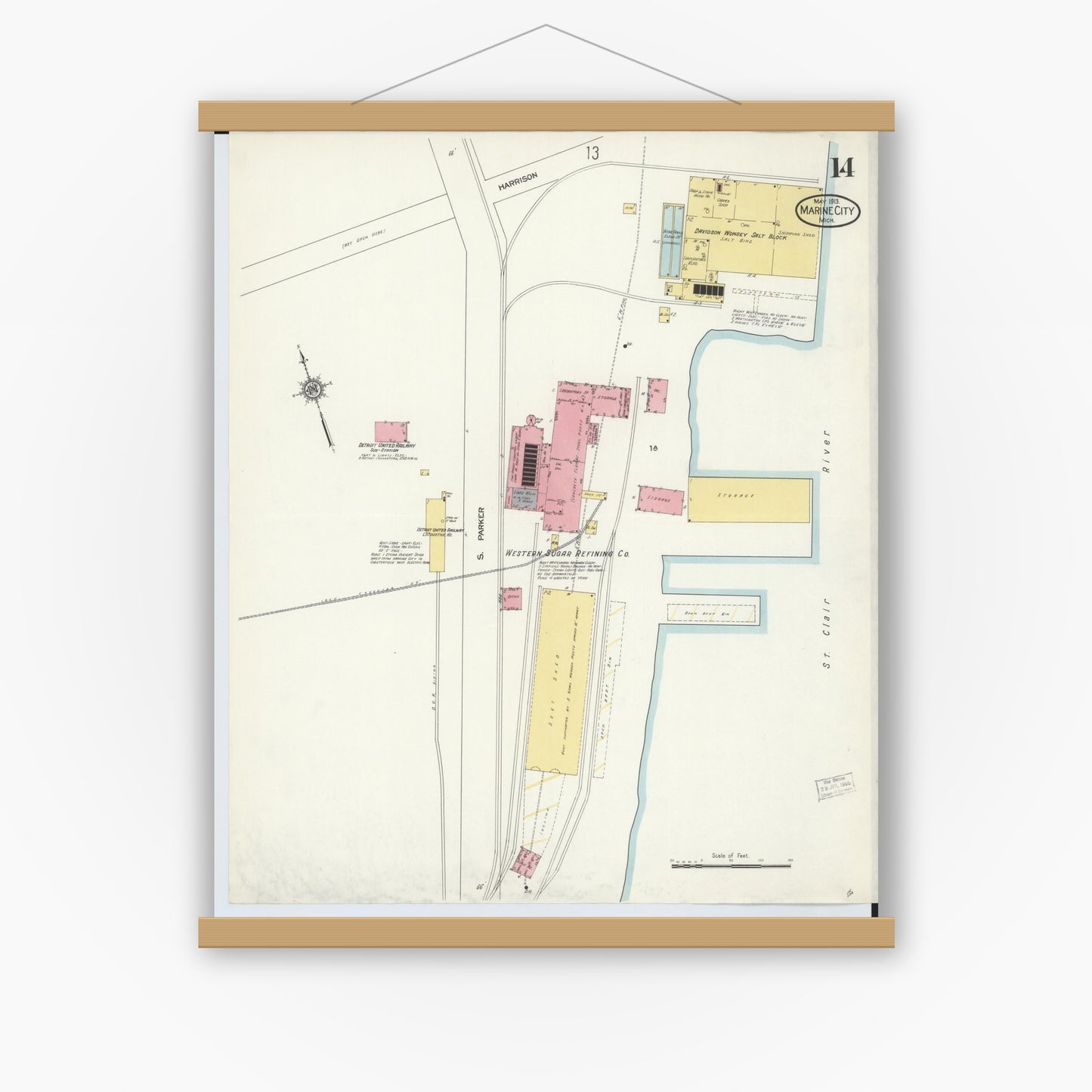 Old map wall art mockup — magnetic wood frame on white wall — Sanborn Fire Insurance Map from Marine City, Saint Clair County, Michigan (1913), Sheet #0014