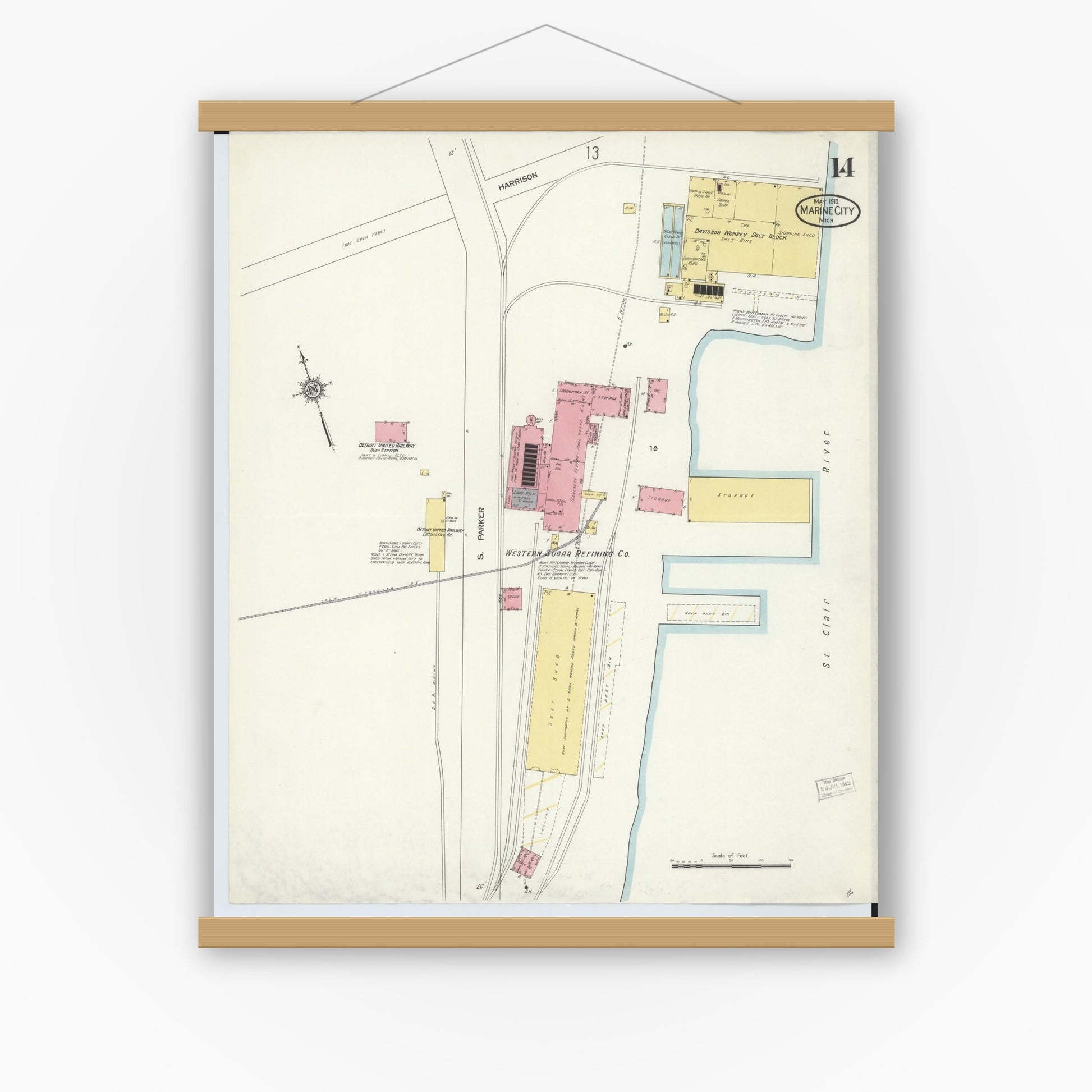 Old map wall art mockup — magnetic wood frame on white wall — Sanborn Fire Insurance Map from Marine City, Saint Clair County, Michigan (1913), Sheet #0014