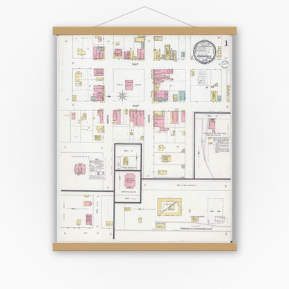Old map wall art mockup — magnetic wood frame on white wall — Sanborn Fire Insurance Map from Greenfield, Dade County, Missouri (1900) - Complete Map Set