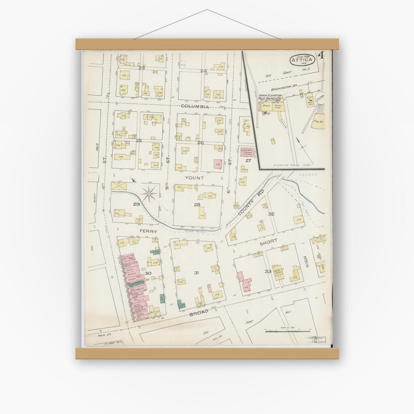 Old map wall art mockup — magnetic wood frame on white wall — Sanborn Fire Insurance Map from Attica, Fountain County, Indiana (1886), Sheet #0004