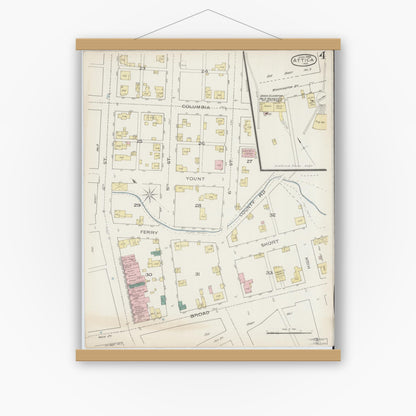 Old map wall art mockup — magnetic wood frame on white wall — Sanborn Fire Insurance Map from Attica, Fountain County, Indiana (1886), Sheet #0004