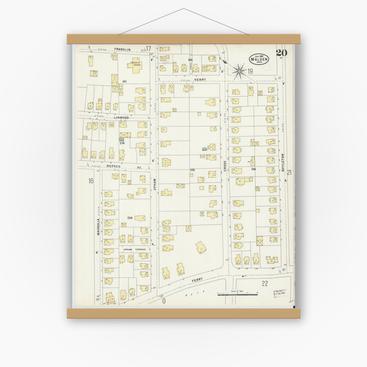 Old map wall art mockup — magnetic wood frame on white wall — Sanborn Fire Insurance Map from Malden, Middlesex County, Massachusetts (1897), Sheet #0020