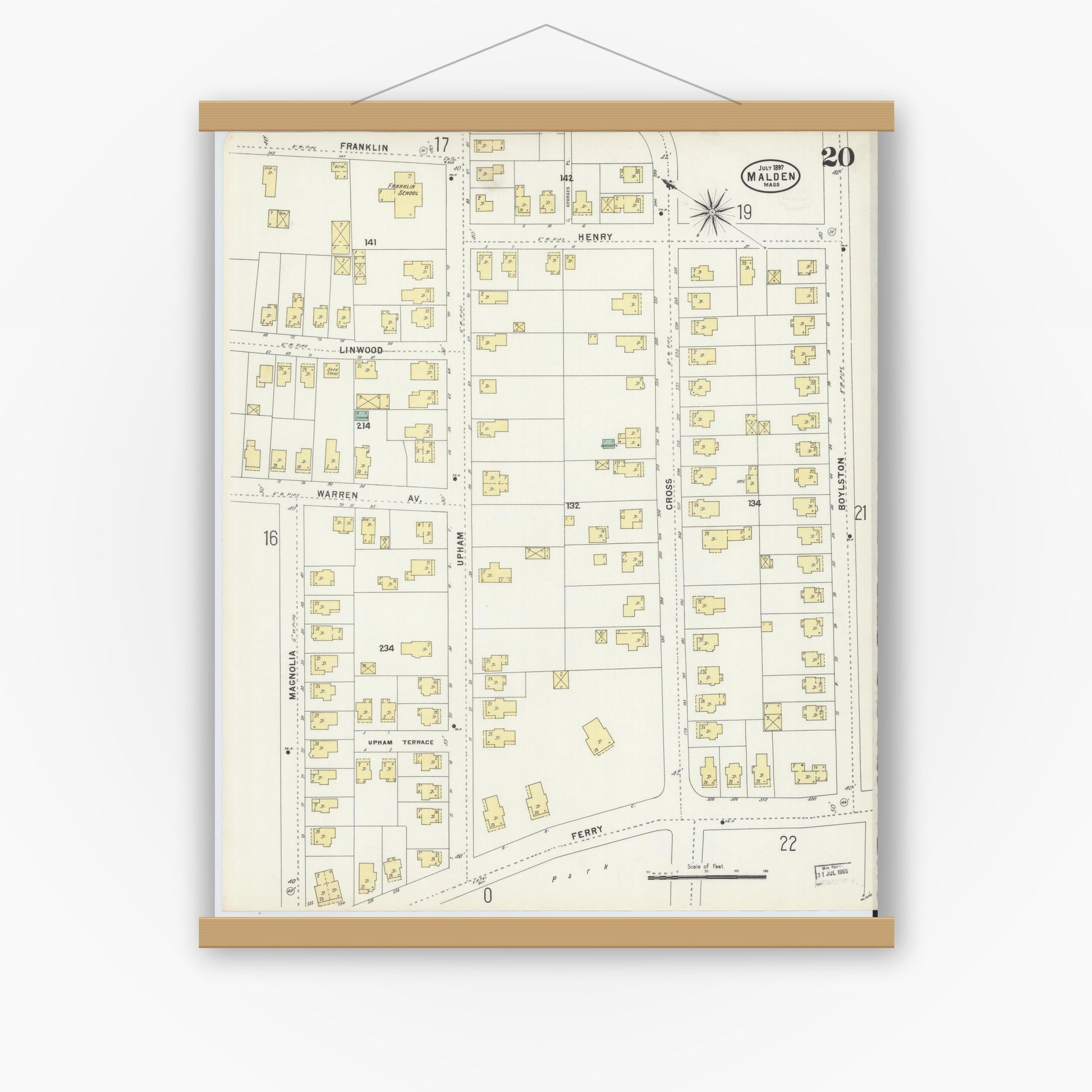 Old map wall art mockup — magnetic wood frame on white wall — Sanborn Fire Insurance Map from Malden, Middlesex County, Massachusetts (1897), Sheet #0020