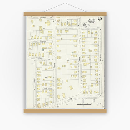 Old map wall art mockup — magnetic wood frame on white wall — Sanborn Fire Insurance Map from Malden, Middlesex County, Massachusetts (1897), Sheet #0020