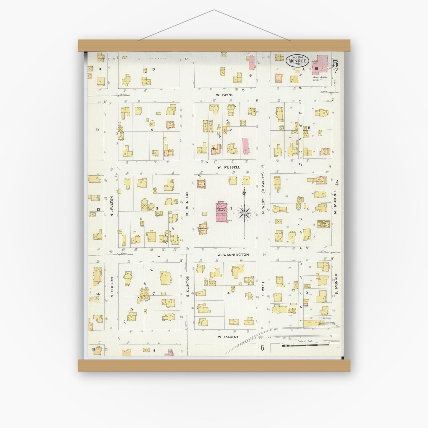 Old map wall art mockup — magnetic wood frame on white wall — Sanborn Fire Insurance Map from Monroe, Green County, Wisconsin (1908), Sheet #0005