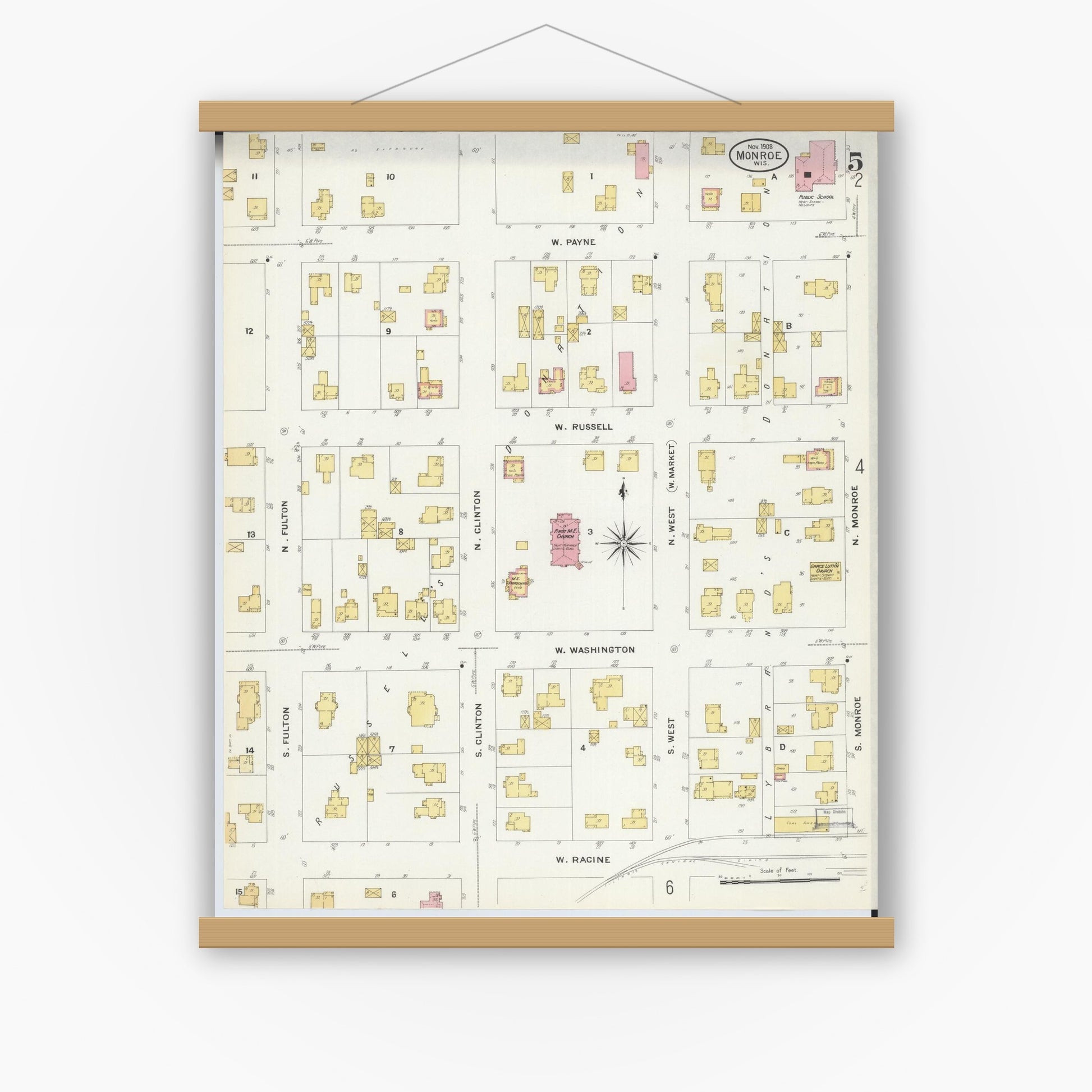 Old map wall art mockup — magnetic wood frame on white wall — Sanborn Fire Insurance Map from Monroe, Green County, Wisconsin (1908), Sheet #0005