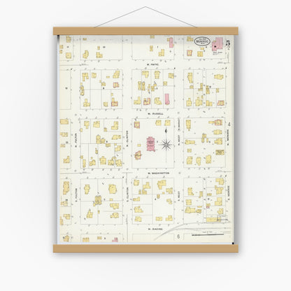Old map wall art mockup — magnetic wood frame on white wall — Sanborn Fire Insurance Map from Monroe, Green County, Wisconsin (1908), Sheet #0005
