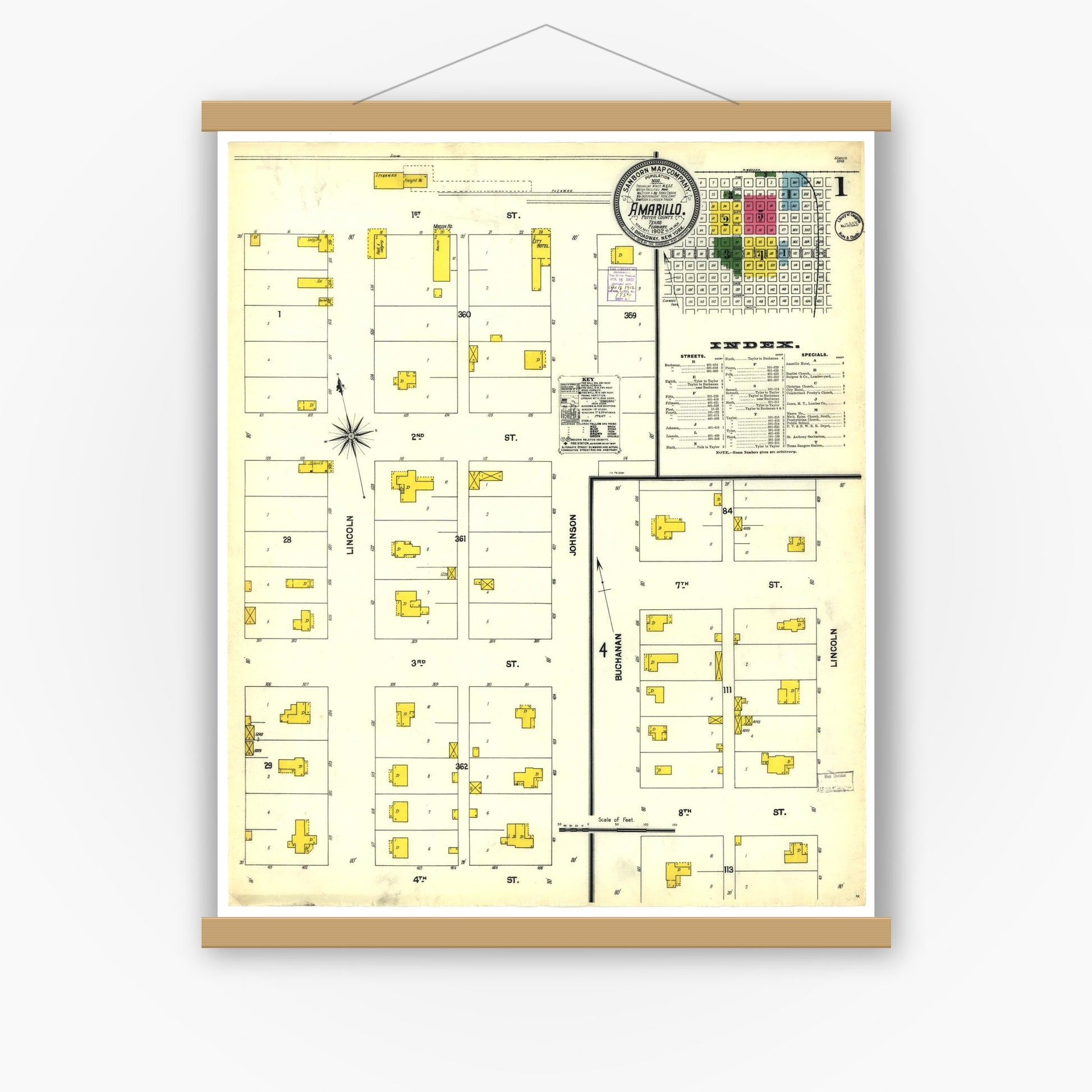Old map wall art mockup — magnetic wood frame on white wall — Sanborn Fire Insurance Map from Amarillo, Potter County, Texas (1902), Sheet #0001