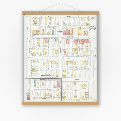 Old map wall art mockup — magnetic wood frame on white wall — Sanborn Fire Insurance Map from Virginia, Saint Louis County, Minnesota (1904), Sheet #0003