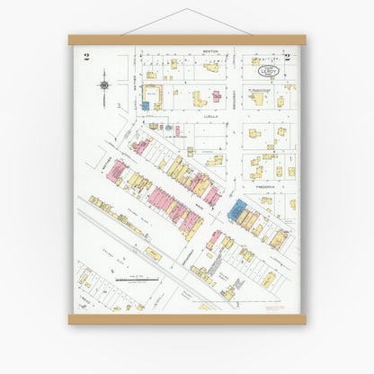 Old map wall art mockup — magnetic wood frame on white wall — Sanborn Fire Insurance Map from Le Roy, Mower County, Minnesota (1927), Sheet #0002
