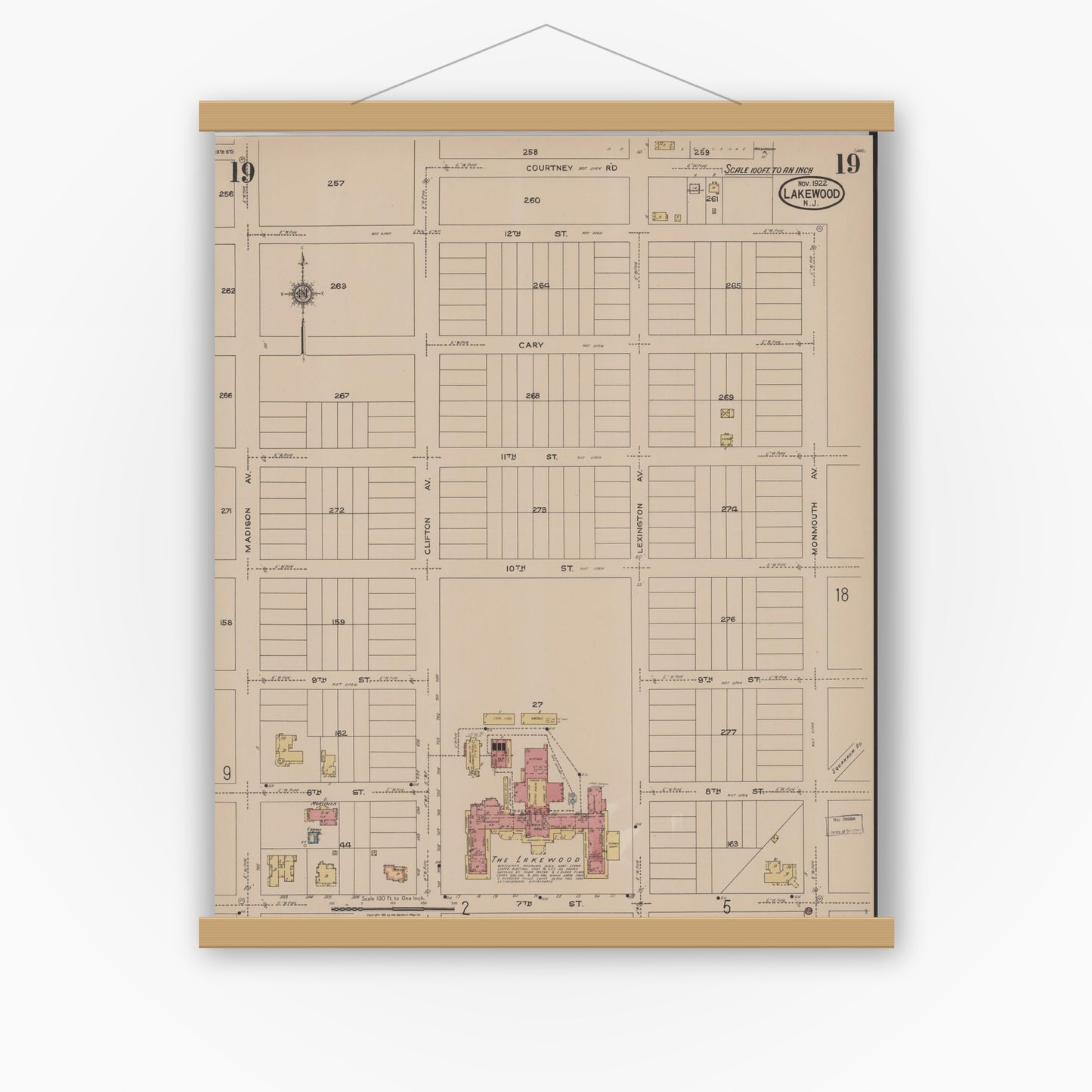 Old map wall art mockup — magnetic wood frame on white wall — Sanborn Fire Insurance Map from Lakewood, Ocean County, New Jersey (1922), Sheet #0019