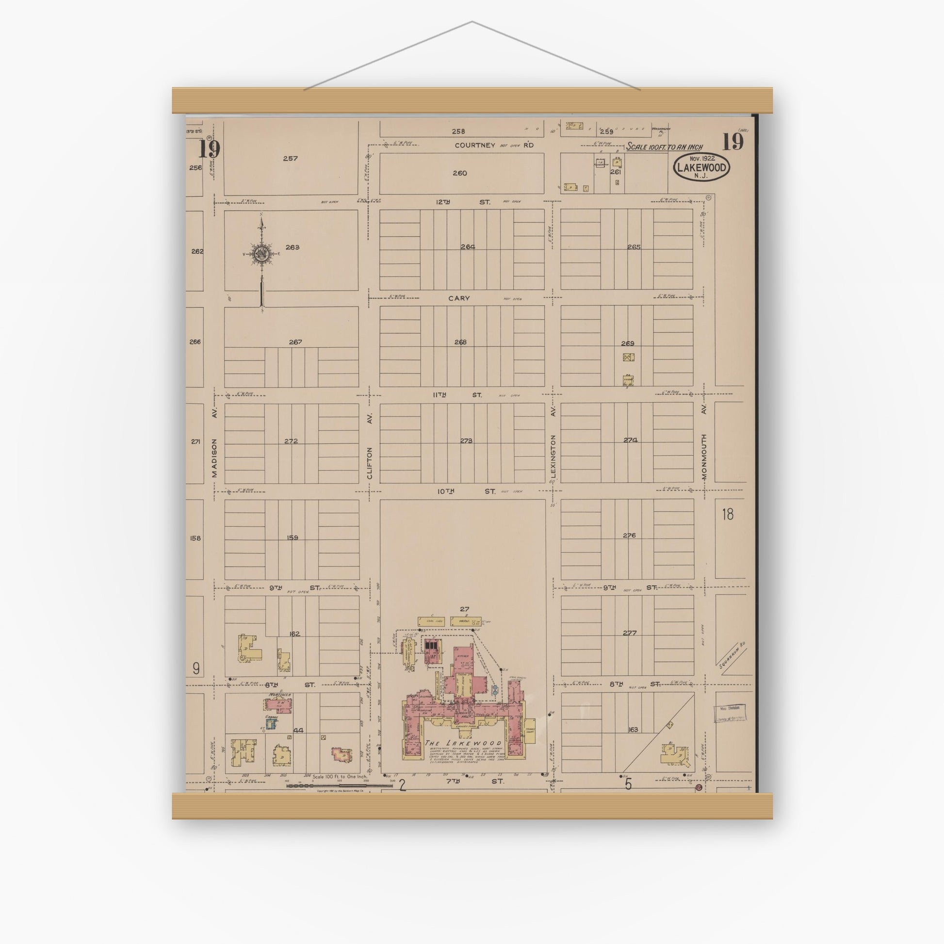 Old map wall art mockup — magnetic wood frame on white wall — Sanborn Fire Insurance Map from Lakewood, Ocean County, New Jersey (1922), Sheet #0019