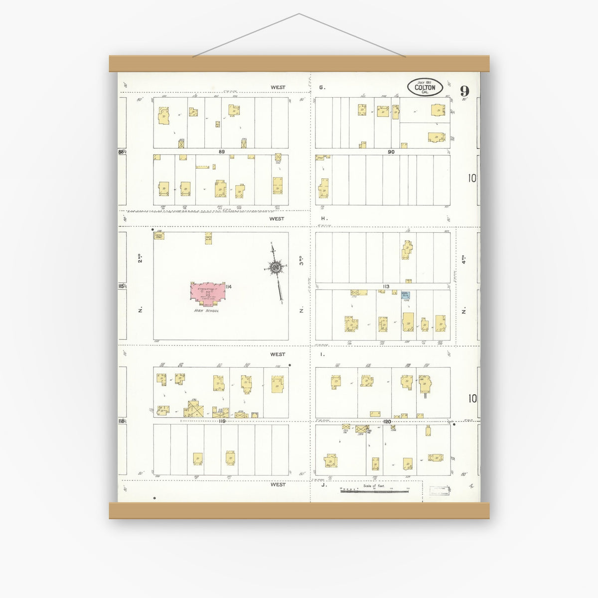 Old map wall art mockup — magnetic wood frame on white wall — Sanborn Fire Insurance Map from Colton, San Bernardino County, California (1911), Sheet #0009