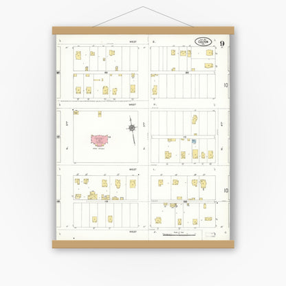 Old map wall art mockup — magnetic wood frame on white wall — Sanborn Fire Insurance Map from Colton, San Bernardino County, California (1911), Sheet #0009