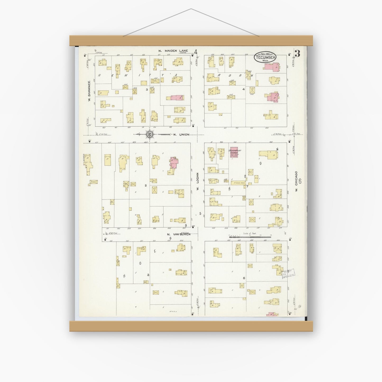 Old map wall art mockup — magnetic wood frame on white wall — Sanborn Fire Insurance Map from Tecumseh, Lenawee County, Michigan (1912), Sheet #0003
