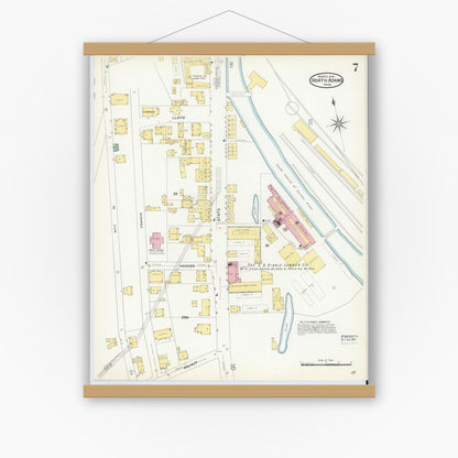Old map wall art mockup — magnetic wood frame on white wall — Sanborn Fire Insurance Map from North Adams, Berkshire County, Massachusetts (1908), Sheet #0007