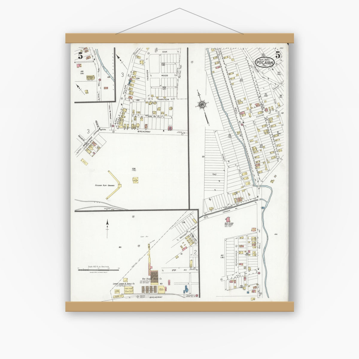 Old map wall art mockup — magnetic wood frame on white wall — Sanborn Fire Insurance Map from Pitcairn, Allegheny County, Pennsylvania (1927), Sheet #0005