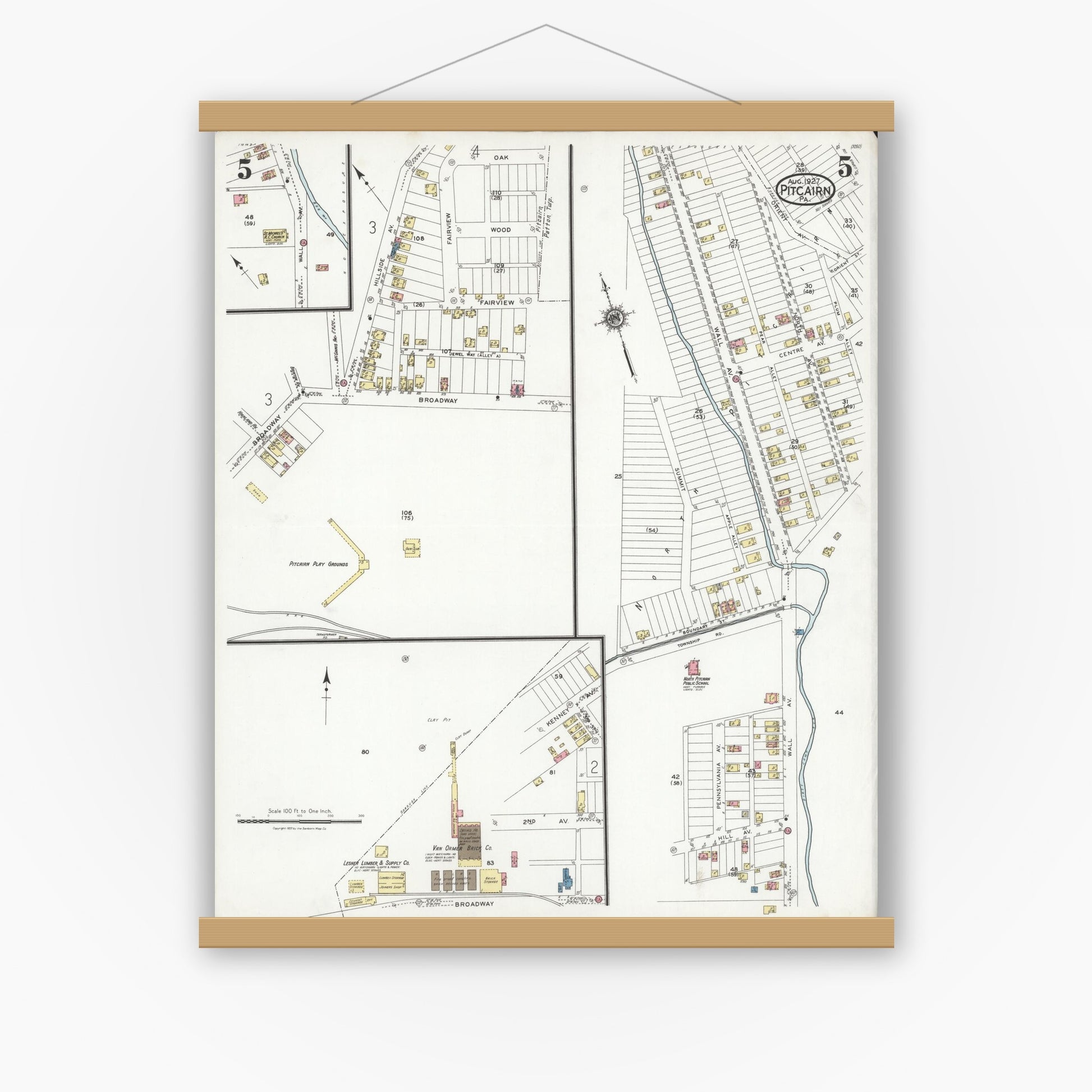 Old map wall art mockup — magnetic wood frame on white wall — Sanborn Fire Insurance Map from Pitcairn, Allegheny County, Pennsylvania (1927), Sheet #0005
