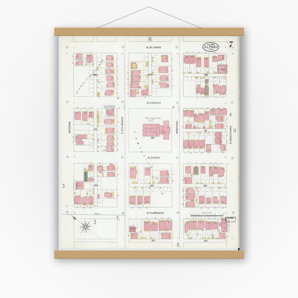 Old map wall art mockup — magnetic wood frame on white wall — Sanborn Fire Insurance Map from El Paso, El Paso County, Texas (1905), Sheet #0007