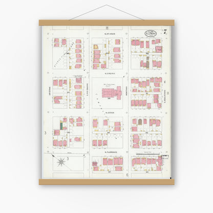Old map wall art mockup — magnetic wood frame on white wall — Sanborn Fire Insurance Map from El Paso, El Paso County, Texas (1905), Sheet #0007