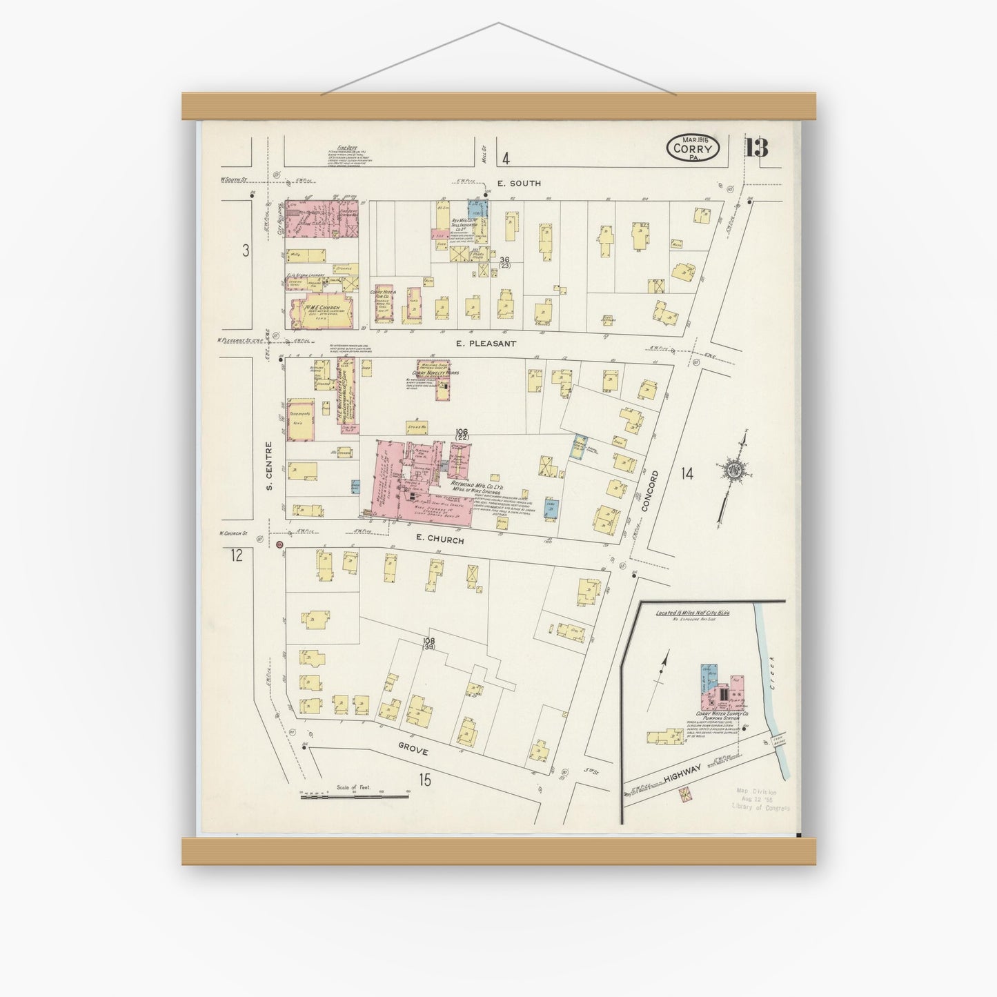 Old map wall art mockup — magnetic wood frame on white wall — Sanborn Fire Insurance Map from Corry, Erie County, Pennsylvania (1915), Sheet #0013