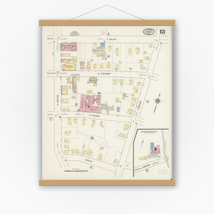 Old map wall art mockup — magnetic wood frame on white wall — Sanborn Fire Insurance Map from Corry, Erie County, Pennsylvania (1915), Sheet #0013