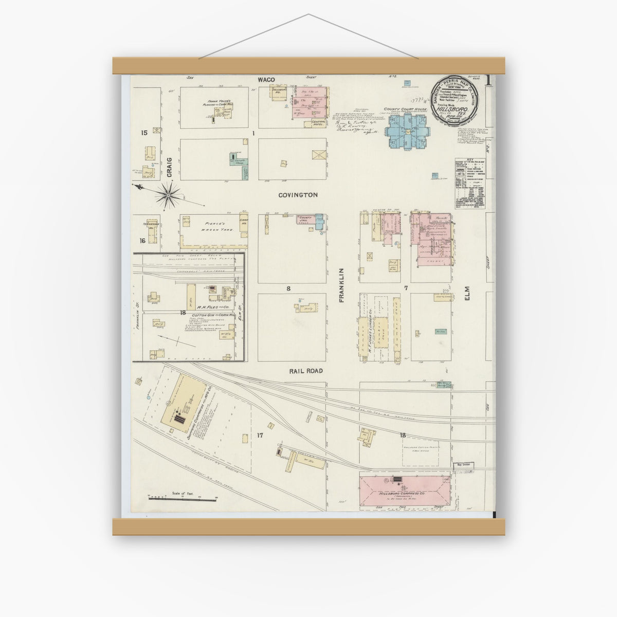 Old map wall art mockup — magnetic wood frame on white wall — Sanborn Fire Insurance Map from Hillsboro, Hill County, Texas (1891), Sheet #0001