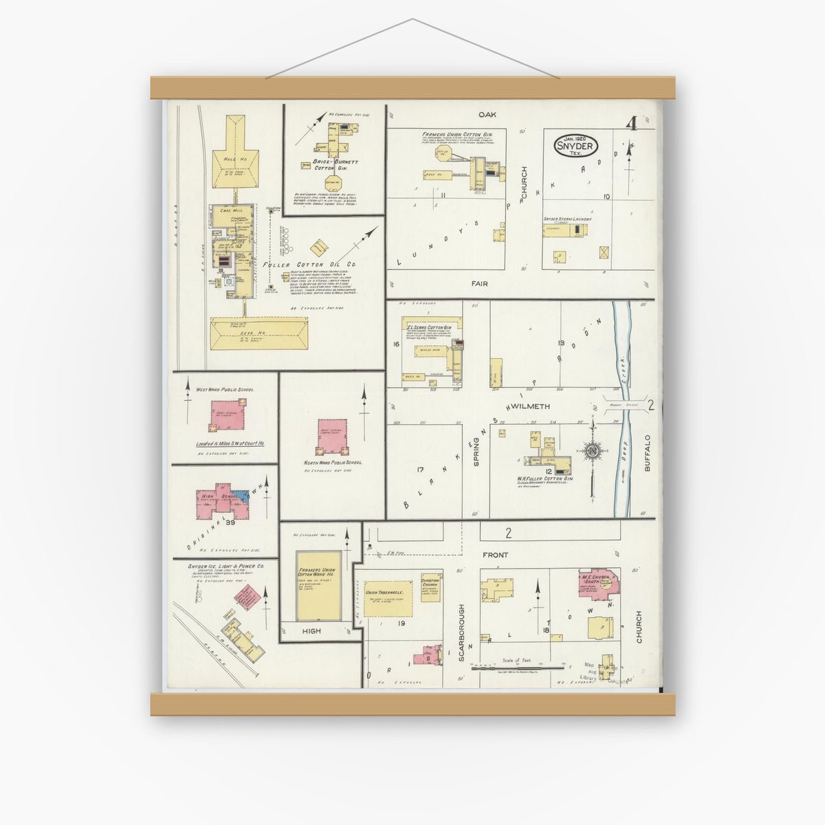 Old map wall art mockup — magnetic wood frame on white wall — Sanborn Fire Insurance Map from Snyder, Scurry County, Texas (1920), Sheet #0004