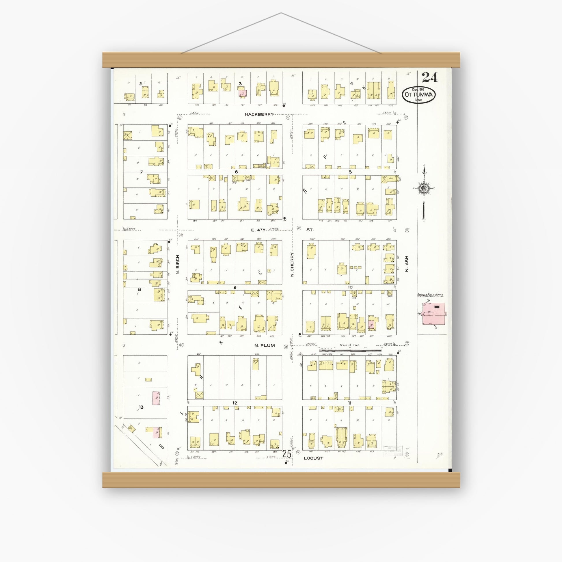 Old map wall art mockup — magnetic wood frame on white wall — Sanborn Fire Insurance Map from Ottumwa, Wapello County, Iowa (1909), Sheet #0024