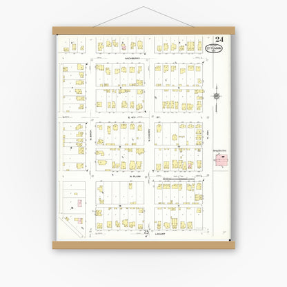 Old map wall art mockup — magnetic wood frame on white wall — Sanborn Fire Insurance Map from Ottumwa, Wapello County, Iowa (1909), Sheet #0024